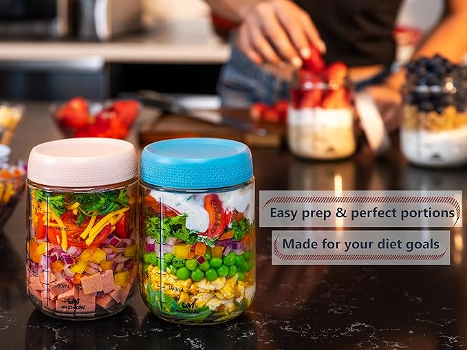 Mason jars 16 oz with lids. Glass meal prep containers. Overnight oats containers with lids. Chia seed pudding jars. Salad jar. Glass jars with airtight lid (4 Pack, Blue & Off-white)
