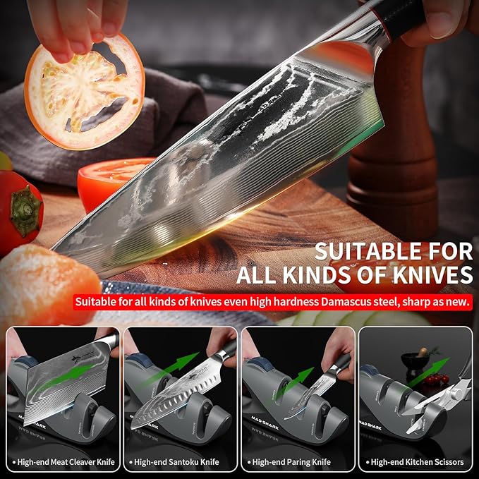 Mad Shark Kitchen Knife Sharpener - 5 Adjustable Sharpening Angle, Diamond Slot - Fine Honing, Design with Non-Slip Rubber Edge Grip, Knife Sharpener for Professional, Chef's Knives, Pocket, Scissors