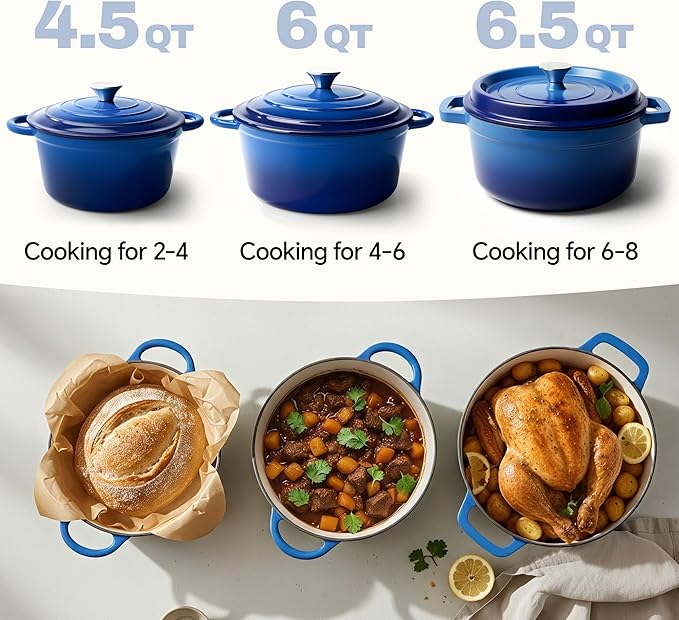 6 Quart Dutch Oven Pot with Lid, Non Stick Enameled Cast Iron Dutch Oven for Bread Baking, Heavy-Duty, Oven Safe Ceramic Cookware Up to 500°F for Baking, Braising, Stews, Roasting, Blue