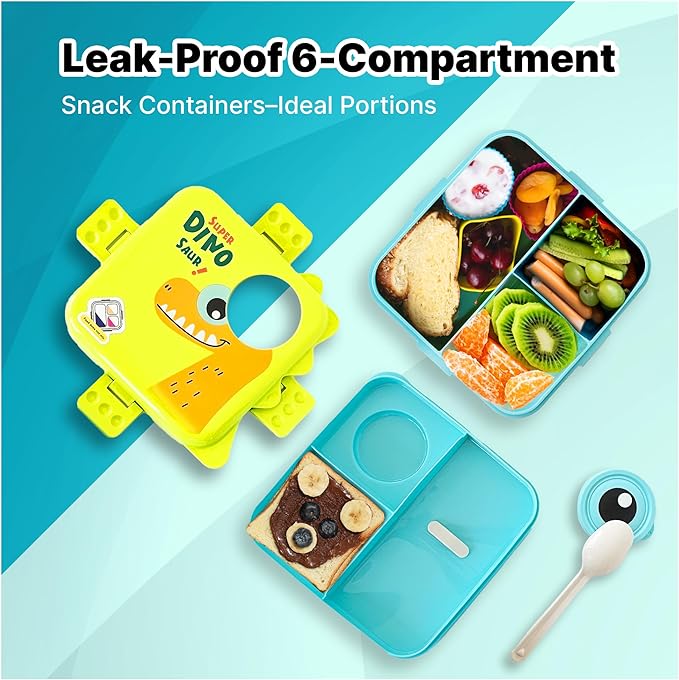 Leak-Proof 6-Compartment Lunch Box For Kids (Boys & Girls)-Snack Containers–Ideal Portions- Portable & Easy to Clean–Keeps Food Fresh- Perfect For School, Daycare, Travel & Meal Prep- BPA-Free