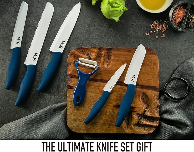 Vos Ceramic Knife with Peeler, Knives Set For Kitchen, Ultra Sharp Kitchen Knife Set with Covers, 4" 5" 6" 7" 8" Paring, Chef Knife, Santoku & 2 more, Lightweight, Dishwasher safe (Blue)