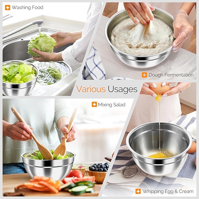 HaWare Mixing Bowls, 24-Piece Stainless Steel Salad Serving Bowl with Airtight Clear Lids, Metal Nesting Bowl For Kitchen Cooking Prepping Storing with 3 Graters, 4.6/2.6/1.5/1/0.7 QT, Khaki