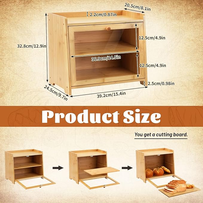 Bamboo Bread Box for Kitchen Countertop, Double Layer Large Capacity Bread Storage Cabinet with Removable Cutting Board, Farmhouse Breadbox Container Organizer Bins for Pantry Shelf Cupboard (Natural)