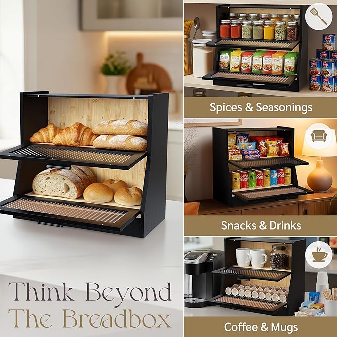 Bread Box for Kitchen Countertop - Bamboo Wood Breadbox with Knife Storage, Ventilation Holes - Farmhouse Loaf Organizer, Versatile 2 Layer Bread Storage Container for Snacks Mugs Spices