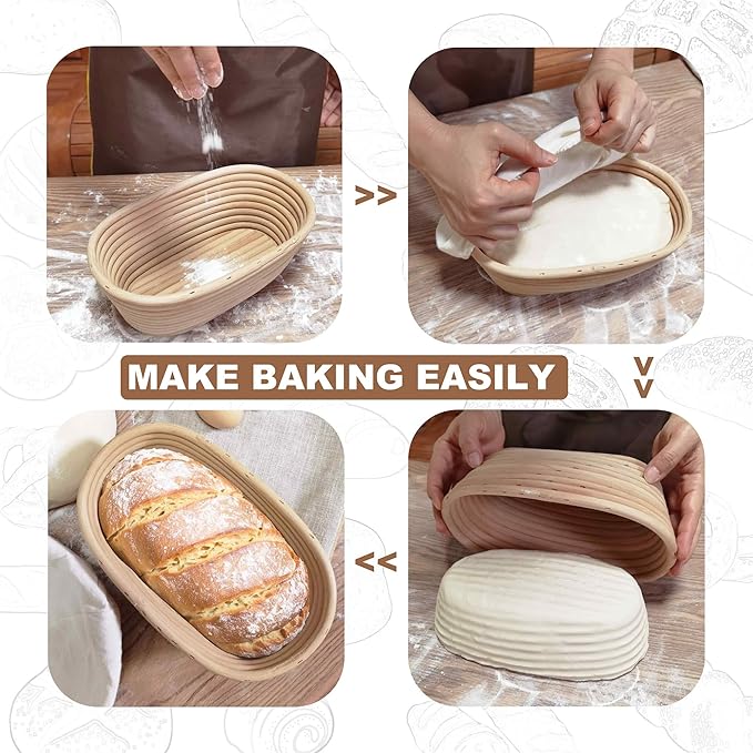 Banneton Bread Proofing Basket set of 3, 9.8 Inch Oval Sourdough Proofing Baskets with Liner,Dough Proofing Bowls,Made of Natural rattan,for Sourdough Bread Baking Supplies