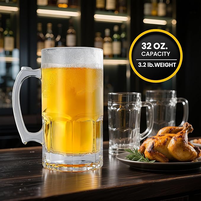 34fl.oz/1L Large Heavy Glass Beer Mug Set of 2 with Handle