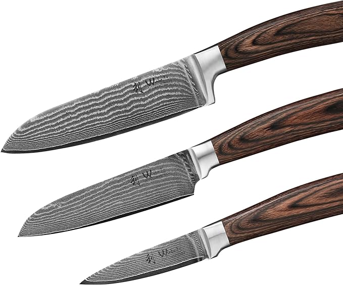 Wakoli EDIB 3-Piece Damascus Knife Block Set with Magnetic Knife Block – Chef Knives Set with 3.4" - 6.7" Blades, 67-Layer Damascus Steel (VG10 Core), Kitchen Knives with Pakkawood Handles