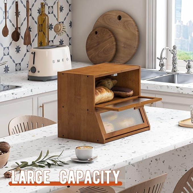 GHWIE Double Layer Bamboo Bread Box for Kitchen Counter,Large Capacity Bread Storage Bin,Bread Container with Acrylic Wavy Door Panel (Brown, Medium)