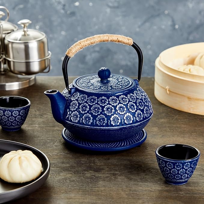 Juvale Japanese Cast Iron Teapot with Infuser - Enhanced Heat Retention in Cast Iron Kettle - Includes Stainless Infuser Basket & Trivet for Teapot Filter Set - 32 Oz, Blue
