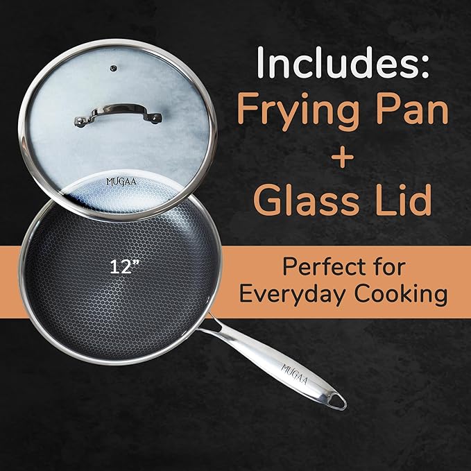 Nonstick Stainless Steel Pan Set – 12.5” Wok with Lid + 12” Frying Pan with Lid, Tri-Ply Honeycomb Hybrid Pans, Premium Kitchen Bundle