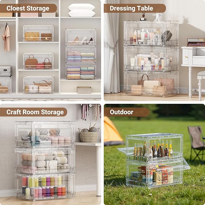 BROVIEW 400Qt Stackable Storage Bins with Lids Wheels, Crystal Clear Shiny Storage Cabinet Plastic Drawer Foldable Closet Organizers Display Box with Front & Back Doors, for Home Office Garage,5Pack