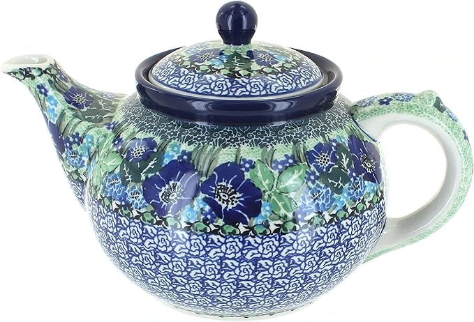 Blue Rose Polish Pottery - Blue Sapphire Fields Medium Teapot - 4 Cup Capacity - Hand-Painted Polish Pottery Ceramic Coffee & Tea Server