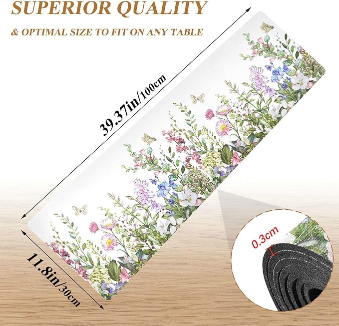 Spring Trivet Table Runner 40 Inches Long Spring Wild Flowers Butterfly Heat Resistant Hot Pad Multi Purpose Mat for for Hot Pots Pans Kitchen Countertops