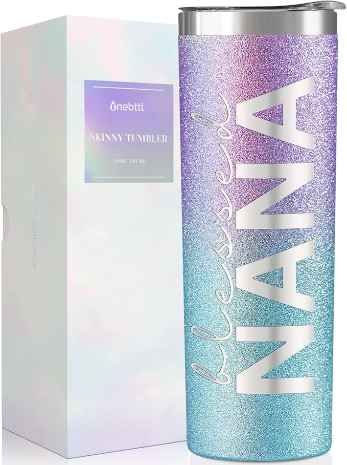 Onebttl Christian Grandma Gifts for Mother's Day, 20oz Purple & Blue Glitter Skinny Tumbler, Straw & Lid Included, Nana Gifts - Blessed Nana