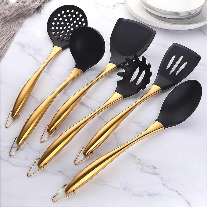 9Pcs Kitchen Utensil Set with Stainless Steel Handle (Gold)