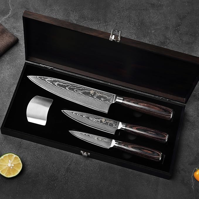 Wakoli EDIB Essentials 3-Piece Damascus Knife Set – Professional Chef's Knives with VG10 Core & 67-Layer Damascus Steel Blades, Ergonomic Pakkawood Handles – Premium Kitchen Knives in Elegant Gift Box