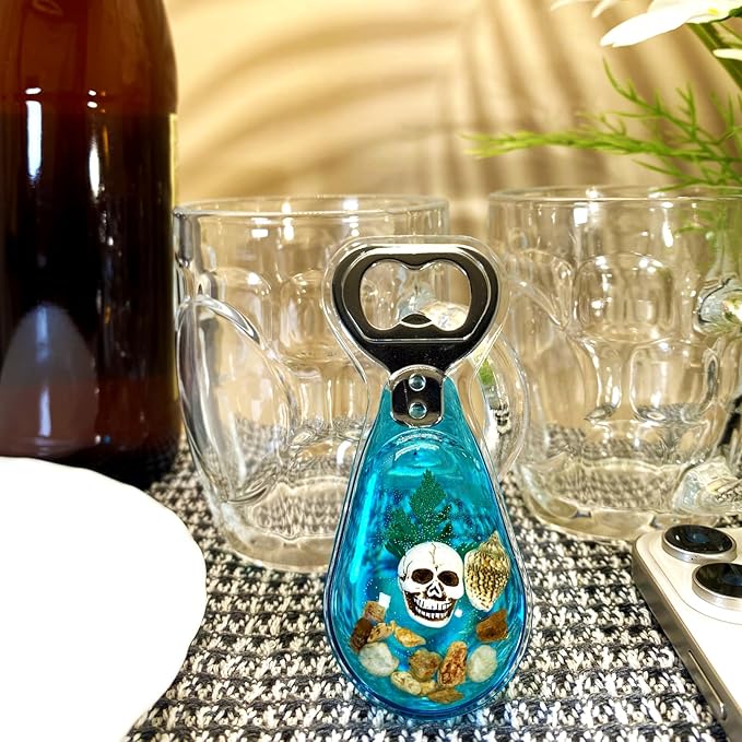 Magnetic Bottle Opener – Original Design Skull Sinking in Ocean in Blue Resin – Strong Magnet for Fridge – Lightweight Gift for Goth Decor & Bartenders – Clear Blue, 1 PCS