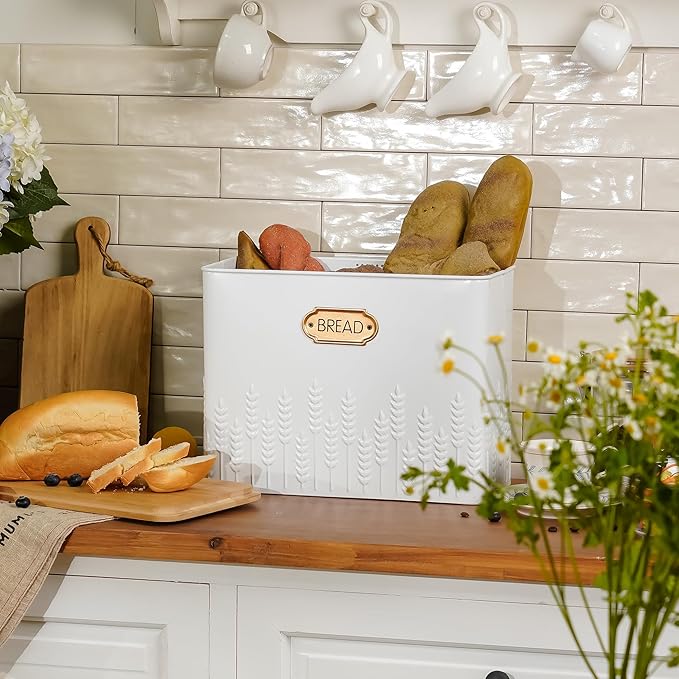 Extra Large Bread Box for Kitchen Countertop Corner Breadbox for Homemade Bread Metal White Ear of Wheat Pattern Embossed Storage Container Bin with Bamboo Lid Fits 2 Loaves of Bread