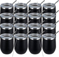 MEWAY 12oz Wine Tumbler 16 Pack Bulk Gifts for Women,Double Wall Vacuum Stainless Steel Travel Mug with Lid,Insulated Stemless Wine Cup Glass for Coffee,Cocktails,Drinks(Black,Set of 16)