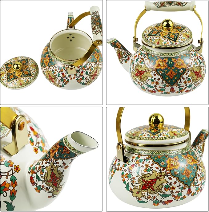 Vintage Enamel Tea Kettle with Porcelain Handle, 2.5L Stovetop Teapot - Non-Toxic, Rust-Resistant, Heat-Resistant, Hot Water Coffee Teapot for Kitchen Decor Christmas Gift