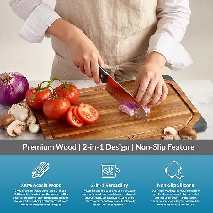 Wooden Cutting Board for Kitchen - Acacia Cutting Board with Juice Grooves - Cheese Tray - Wood Tray for Appetizer - Cheese Board - Charcuterie Board - House Warming Gifts - Birthday Gifts