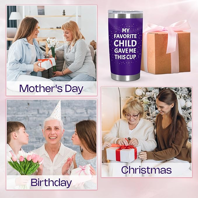 TEEZWONDER Christmas Birthday Gifts for Mom from Daughter Son - Favorite Child 20 oz Stainless Steel Insulated Coffee Tumbler with Lid - Mothers Mama Birthday Gifts, Funny Tumbler for Women