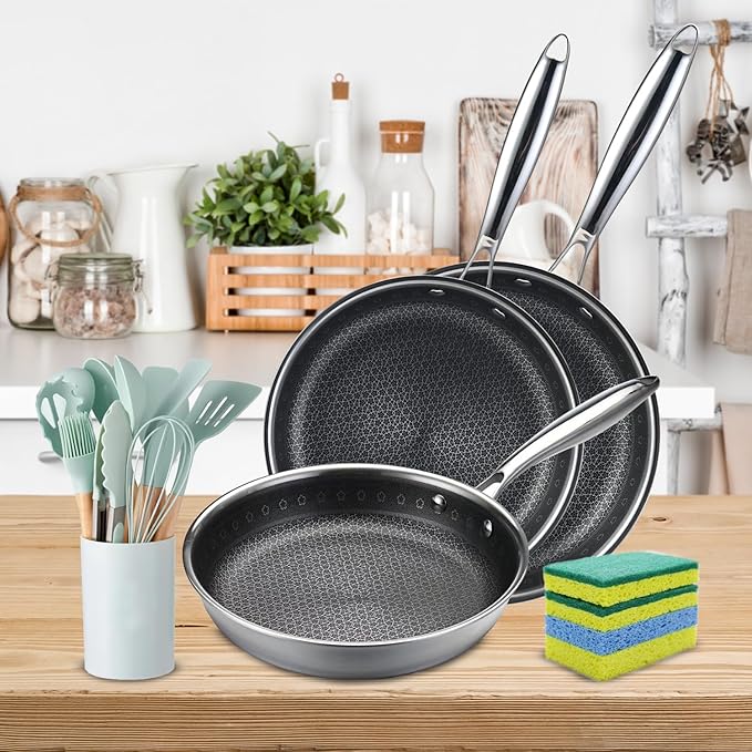 Vivicreate 19-Piece Tri-ply Stainless Steel Frying Pan Set Skillets cookware set with Kitchen Utensils 9.5 10.25 11.02 Inch Pan sets sartenes de acero inoxidable