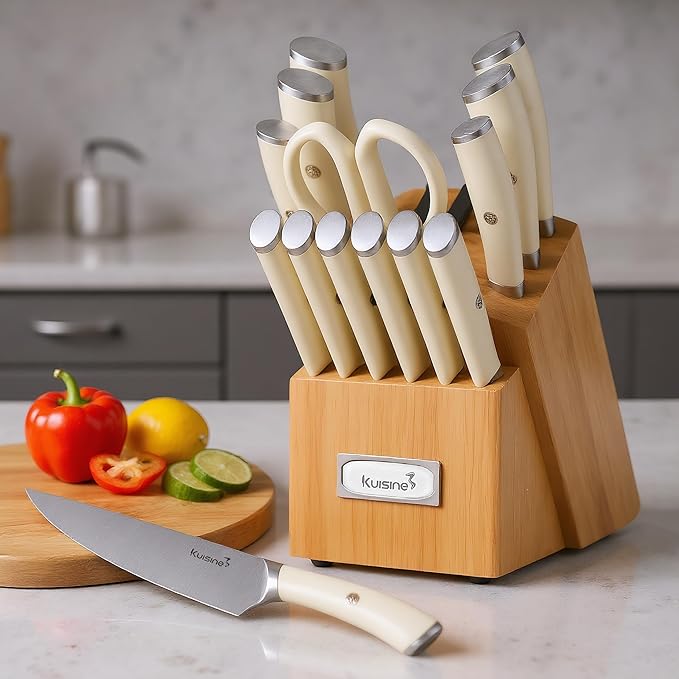 KUISINE Upgraded Knife Set High Carbon Stainless Steel Super Sharp Blade Ergonomic Rivet Handle,Knife Block Set with Built-in Sharpener(Ivory Acacia Pro,15PCS)