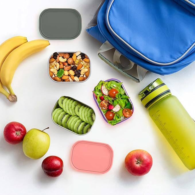 Homikit 3 Pack Snack Containers for Kids, 18/10 Stainless Steel Toddler Lunch Box with Silicone Lids, Reusable Bento Food Container Set for School Daycare, Nontoxic & Leak Proof, Pink/Purple/Gray