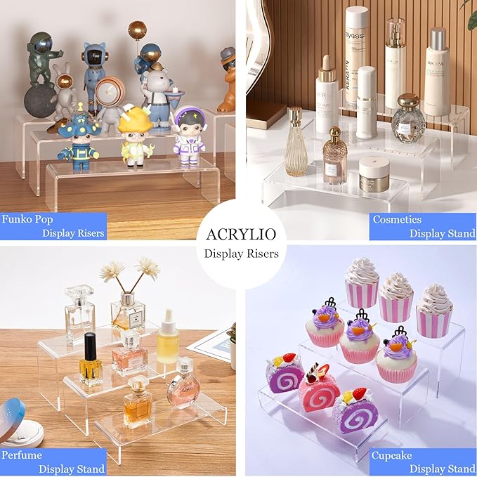 6 Pcs Clear Acrylic Display Riser, Rectangle Acrylic Risers for Display Suitable for Food Dessert, Perfume, Cosmetics, Jewelry, Collectibles, Puppets, Anime Characters