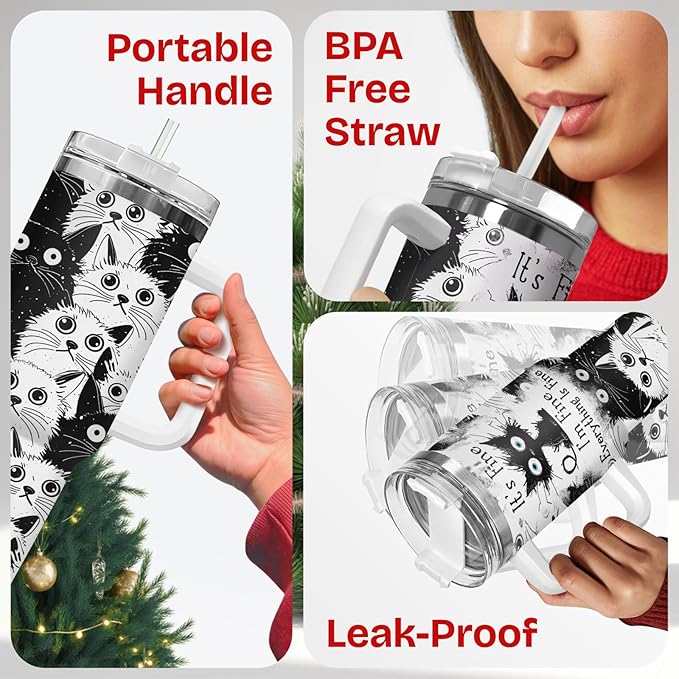 34HD Funny Black Cat Tumbler with Handle and Straw, 40oz Stainless Steel Vacuum Insulated Everything Is Fine Cup, Cat Lover Gifts for Women Birthday Mothers Day Halloween Christmas