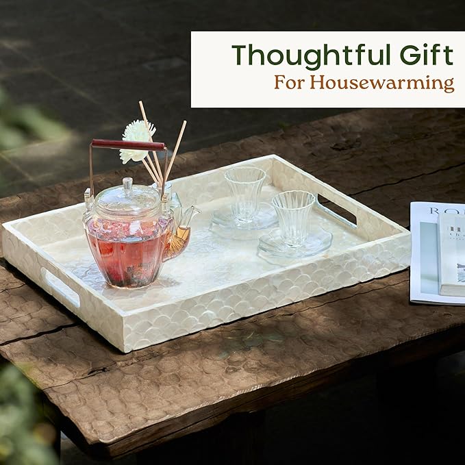 Rectangular Tray, Handmade Capiz Mother of Pearl Decorative Tray with Handles for Coffee Tables, Ottoman, Bathroom, Vanity or Kitchen, Coastal Boho Home Decor, White, 15.8” x 11.8” x 1.8"