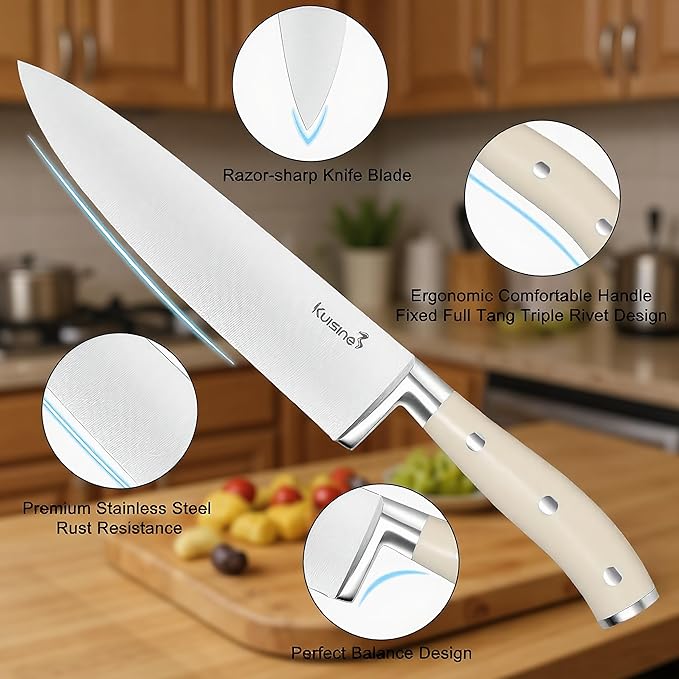 KUISINE Upgraded Knife Set High Carbon Stainless Steel Ultra Sharp Blade Ergonomic Handle,Knife Block Set with Built-in Sharpener(Ivory Acacia,15PCS)