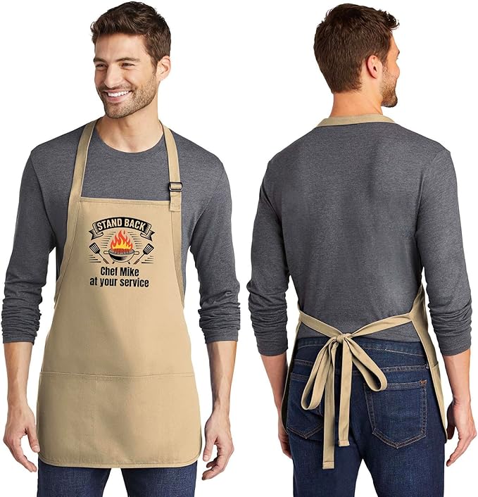 Personalized Medium Length Cooking & Grill Apron – Stand Back Design with Custom Text (1-2 Lines)