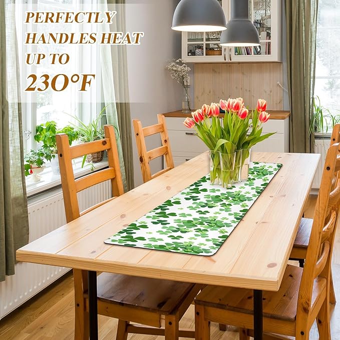 senya St. Patrick's Day Trivet Table Runner 40 Inches Long St. Patrick's Day Lucky Clover Shamrocks Heat Resistant Hot Pad Multi Purpose Mat for for Hot Pots Pans Kitchen Countertops, B01C23045