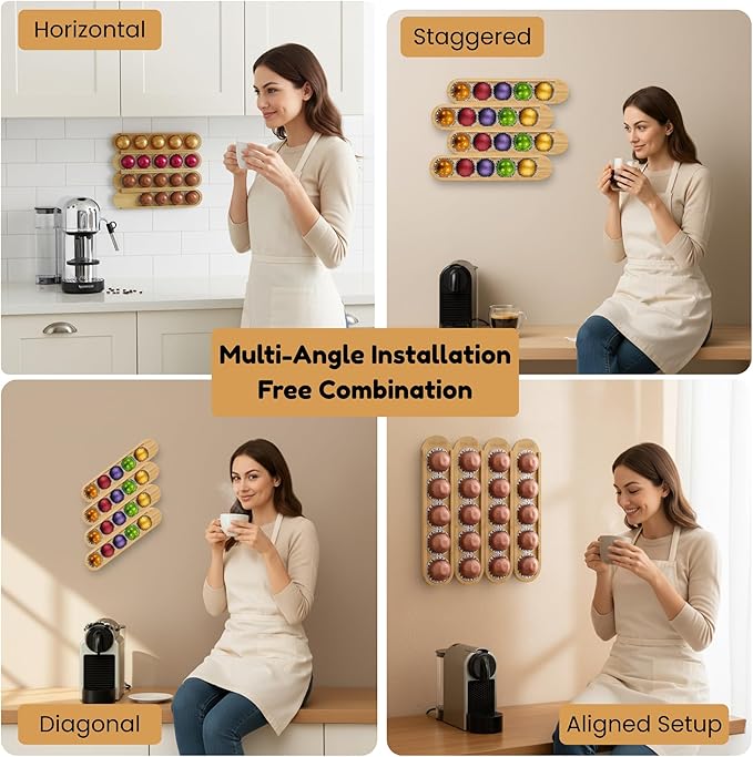 Bamboo Coffee Pod Holder, Adhesive Wall Mount for Cabinet Door, 20-Capsule Storage (Set of 4) — Vertical/Horizontal — Compatible with Nespresso Vertuo Line-Bamboo Brown