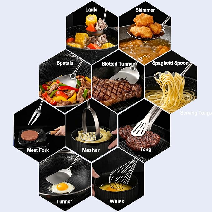 Kitchen Utensils Set Stainless Steel with Wooden Handle,Metal Cooking Utensils Set 12 PCS,Spatulas,Ladle,Skimmer,Tunners,Spaghetti Spoon,Fork,Potato Masher,Egg Whisk,Tongs