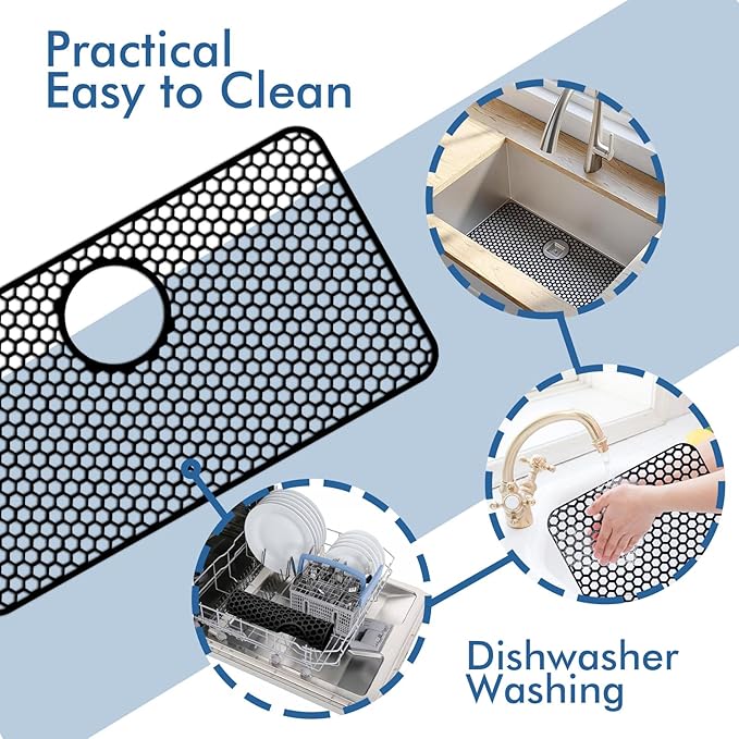 Silicone Sink Protectors for Kitchen Sink with Rear Drain - 26"x 14" Kitchen Protector Accessory, Non-Slip Heat Resistant Grid Mat for Bottom of Farmhous Stainless Steel (Rear Hole, Black)