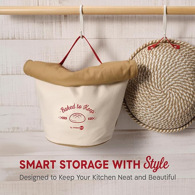 KNEADACE Reusable Bread Bags for Homemade Bread -Stylish Sourdough Bread Storage with Roll-Top Design, 100% Cotton & Food-Safe Lining, Freezer & Refrigerator Friendly, Gift for Bakers (Beige/Cream)