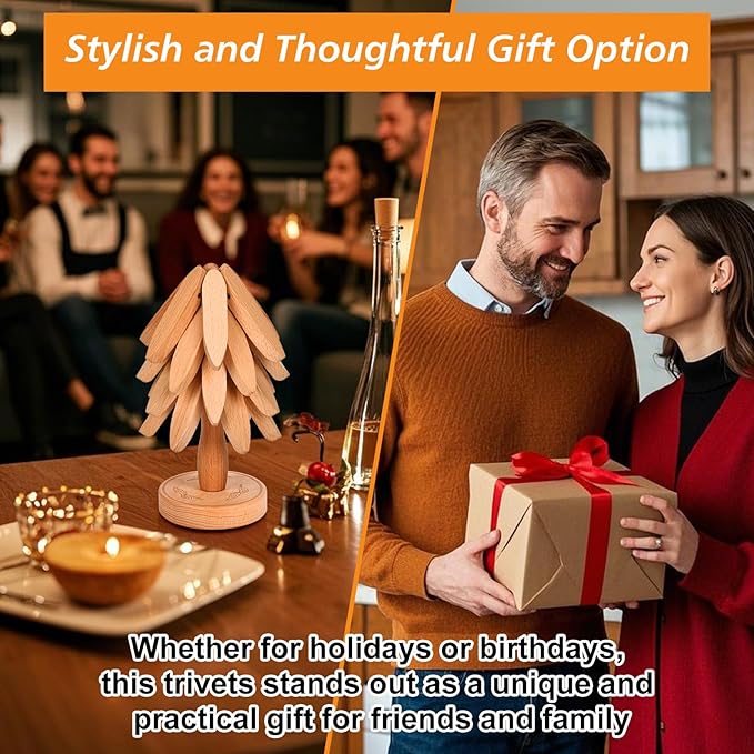 Trivets for Hot Dishes，Tree Shape Trivet Set,5 Wooden Trivets + 1 Stand， Heat-Resistant Foldable Wooden Tree Trivet Set for Pot、Bowl、Teapot、Hot Pot Holder