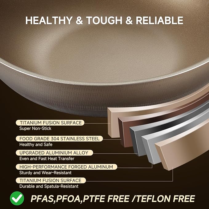 13 Inch Titanium Wok Pan with Lid, Non Stick Frying Pan, Woks & Stir-Fry Pans Nonstick, Flat Bottom Stainless Steel Wok, Titanium Pans Ideal for Induction Stovetop Cooking PFOA&PFAS Free