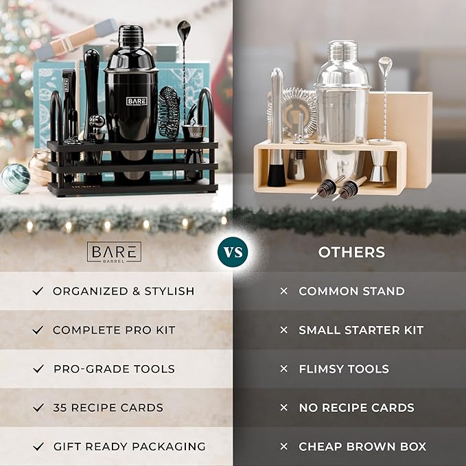 BARE BARREL® Mixology Bartender Kit Bar Set | 14-Piece Cocktail Shaker Set | Martini Barware Mixing Tools for Home Bartending | 35 Recipe Cards | Gift Set (24oz Cobbler Shaker, Jet Black/Black)