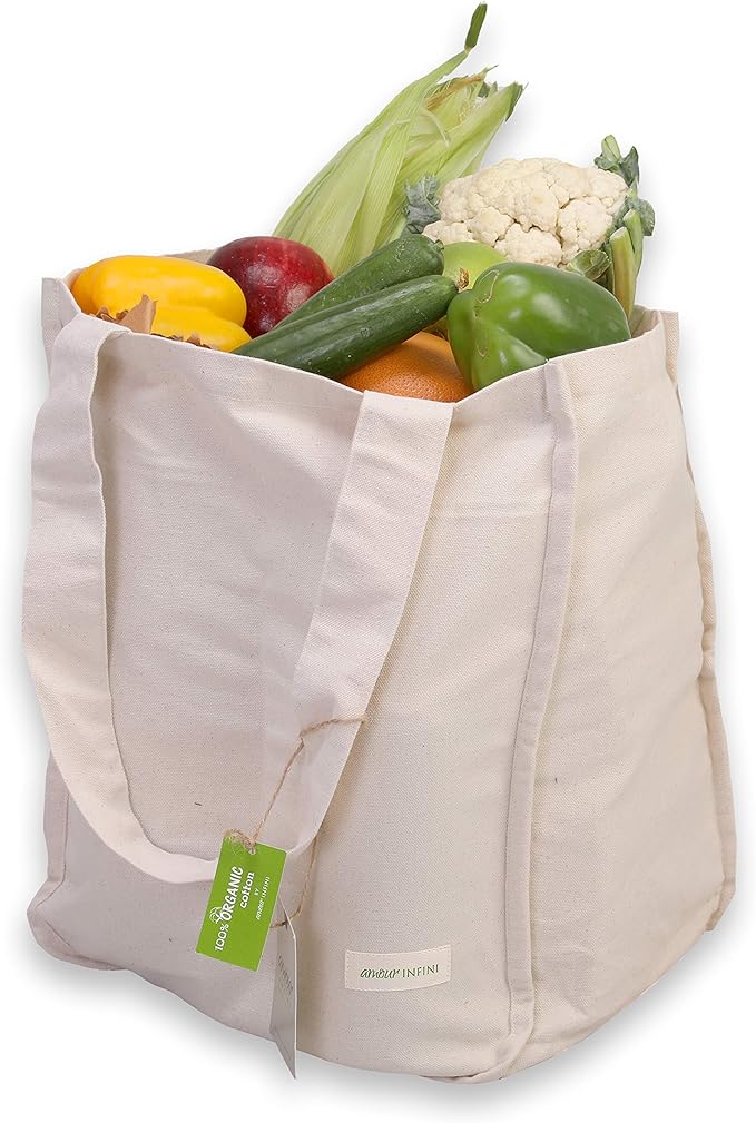 AMOUR INFINI Organic Cotton Grocery Bags with Bottle Sleeve - Set of 1 Foldable & Washable Shoulder Tote Bags with Reinforced Handles & Double-Stitched Arc Edges for Groceries & Everyday Use