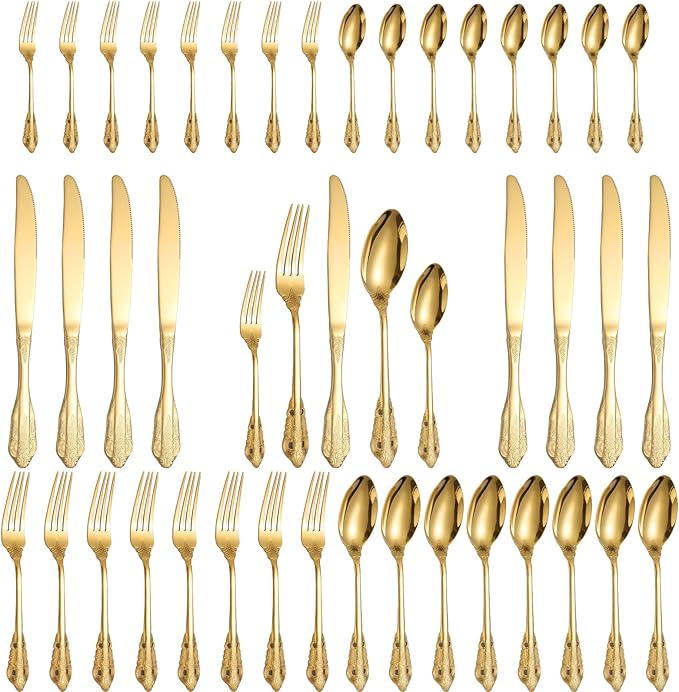 Royal Silverware Gold Retro Stainless Steel Flatware 40 Piece Forks Knives and Spoons Heavy Duty Kitchen Utensil Daily Use Festival Parties