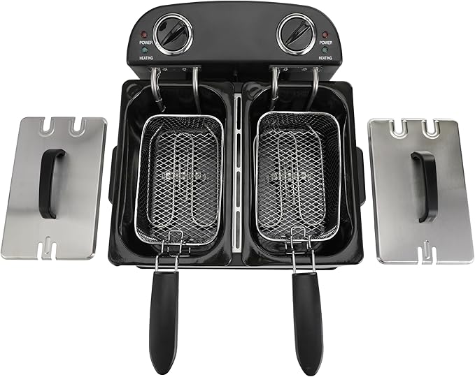 4 L / 4.2 Qt Stainless Steel Double Electric Deep Fryer 1800 W - 2 Drip-Hook Baskets - Dual Temperature Control - Vented Lids - Odor Filter by TheDisplayGuys