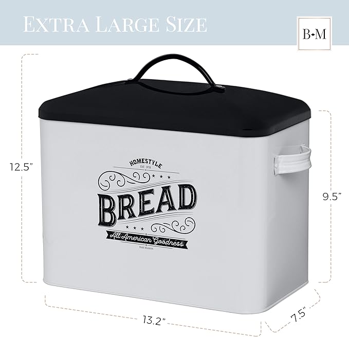 Extra Large White Farmhouse Bread Box for Kitchen Countertop - Breadbox Holder Fits 2+ Loaves - Bread Storage Container Bin - Rustic Bread Keeper Vintage Metal Kitchen Decor for Counter (Black Lid)