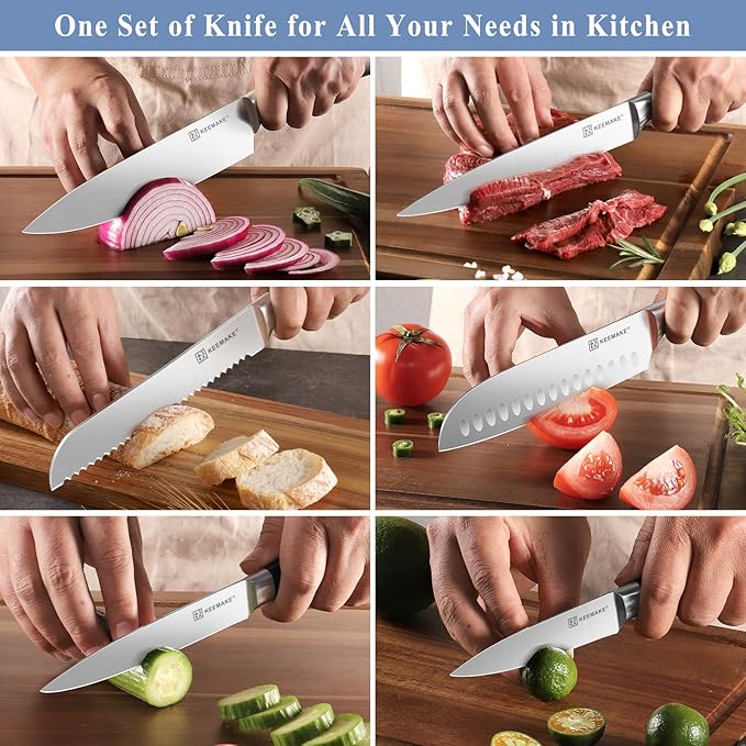 KEEMAKE Knife Block Set - 7Pcs Kitchen Knives with Magnetic Knife Block Holder, High Carbon Stainless Steel Chef Knife Set with Block, Ultra Sharp Knives Set for Kitchen With Ergonomic Handle