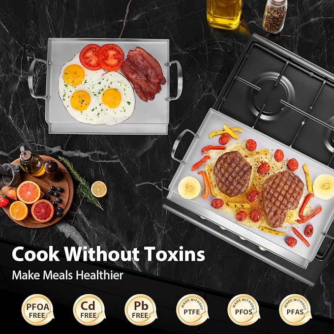 Utheer 25" x 16" Ceramic Nonstick Stainless Steel Griddle for Gas Grill, Charcoal, Oven, Large Stove Top Griddle, Non-Toxic, PFAS/PFOA/PTFE Free, Oven Up to 500°F, for BBQ, Camping & Kitchen, Sliver