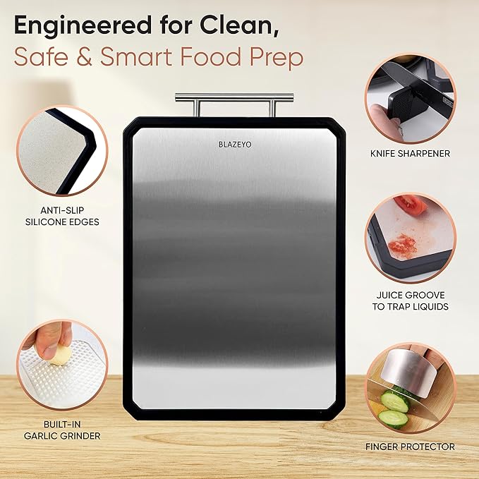 Stainless Steel Cutting Board, Heavy Duty Large 16”×11” 2-in-1 Double Sided Chopping Board for Kitchen, Food Grade Non Toxic Wheat Straw PP & Steel Surfaces, for Meat/Vegetables, Dishwasher Safe