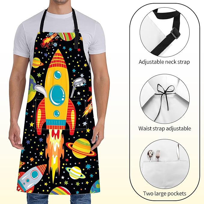 Fun Space Adventure Apron for Women with Rocket and Planet,28x33in